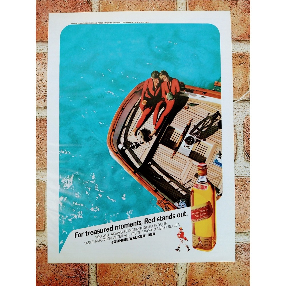 1987 Johnnie‎ Walker Red Label Ocean Dive Happy Couple Boat Scene Vtg Print Ad